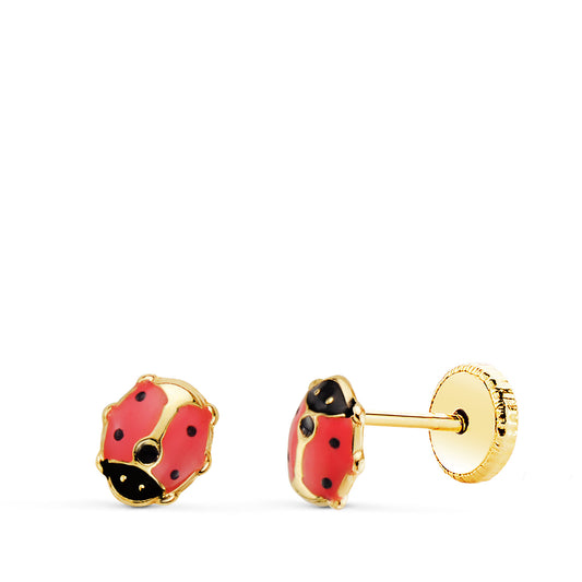 Pendientes de oro amarillo 18k mariquita esmalte rosa (5x4.5 mm) cierre tuerca