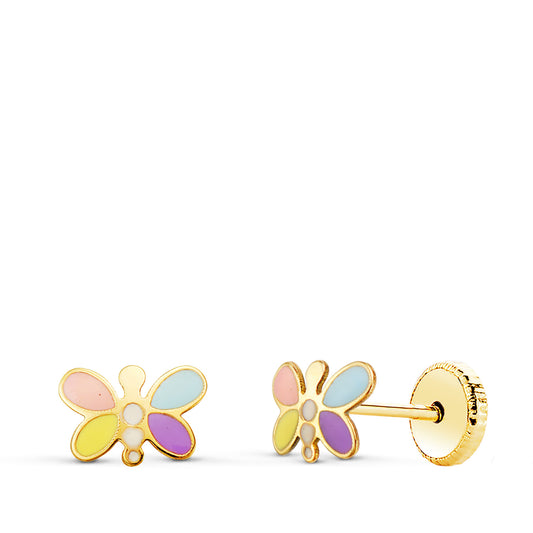 Pendientes de oro amarillo 18k libélula esmalte pastel (7x5 mm) cierre tuerca