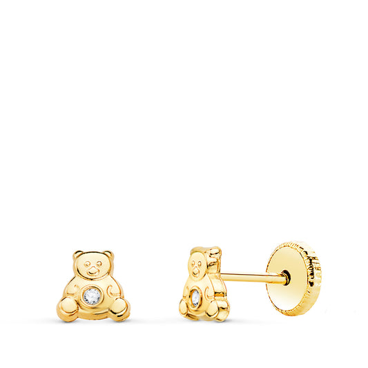 Pendientes de oro amarillo 18k osito con circonita (4,5 × 4,5 mm) cierre tuerca