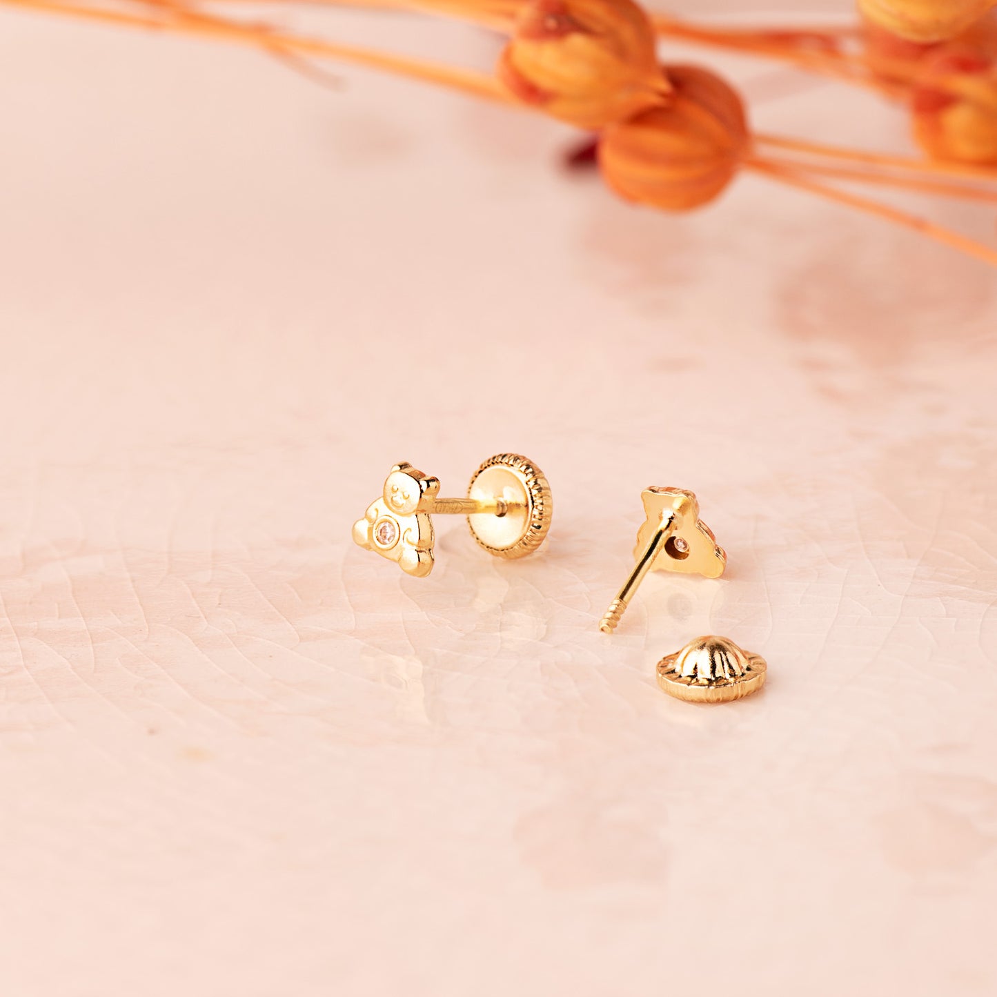 Pendientes de oro amarillo 18k osito con circonita (4,5 × 4,5 mm) cierre tuerca
