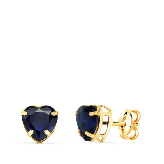 Pendientes oro amarillo corazón piedra color azul 6 × 6 mm cierre presión