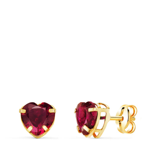 Pendientes oro amarillo corazón piedra color roja 6 × 6 mm cierre presión