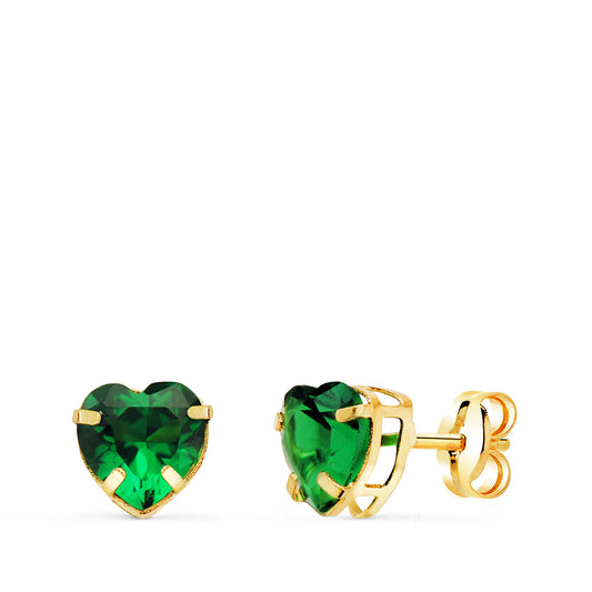 Pendientes oro amarillo corazón piedra color verde 6 × 6 mm cierre presión