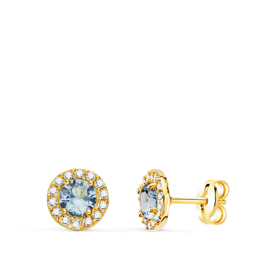 Pendientes de oro amarillo con agua marina y circonitas en halo.