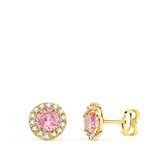 Pendientes de oro amarillo con piedra rosa y circonitas brillantes.