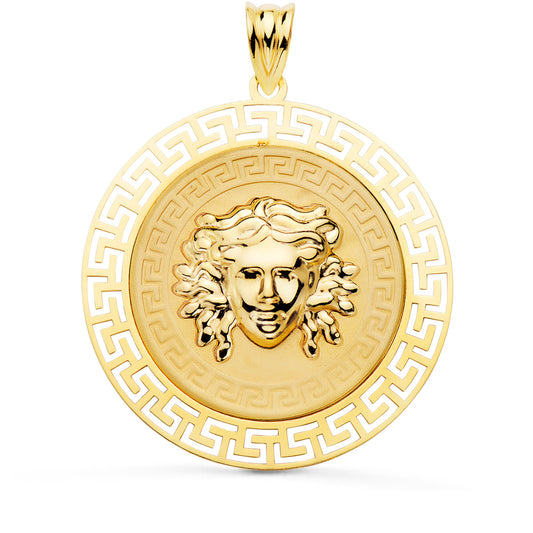 Medalla oro amarillo Medusa con borde calada y greca matizada 18k 33 mm