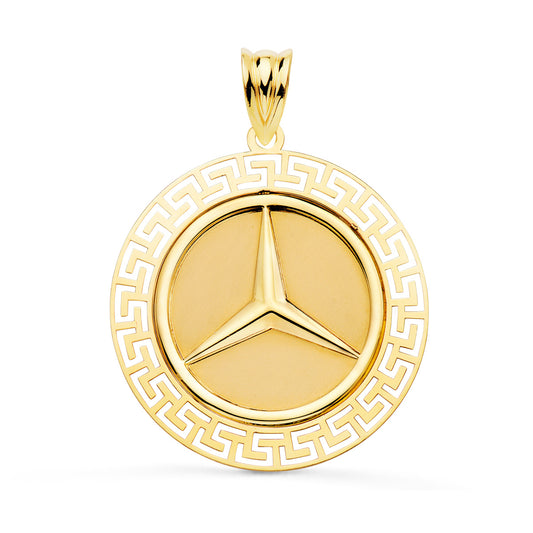Medalla oro amarillo estrella tres puntas con borde de greca calada. 18k 27 mm