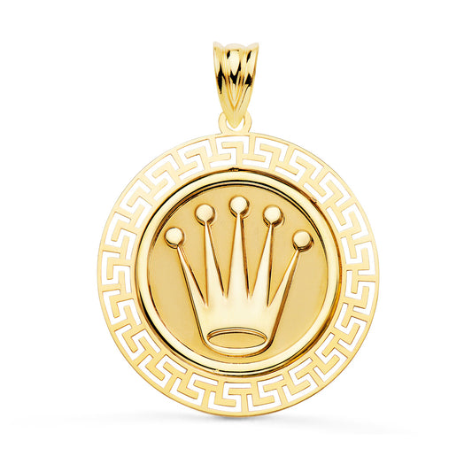 Medalla oro amarillo corona con borde de greca calada 18k 27 mm