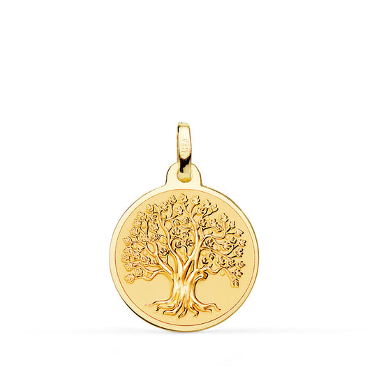 Medalla oro amarillo árbol de la vida en brillo y fondo matizado. 18k 18 mm