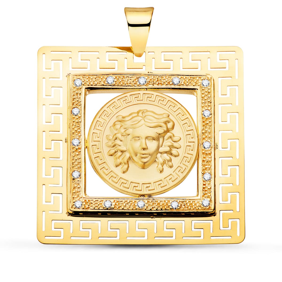 Colgante oro amarillo cuadrado Medusa y grecas con circonita 18k 37×37 mm