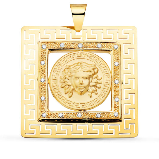 Colgante oro amarillo cuadrado Medusa y grecas con circonita 18k 37×37 mm