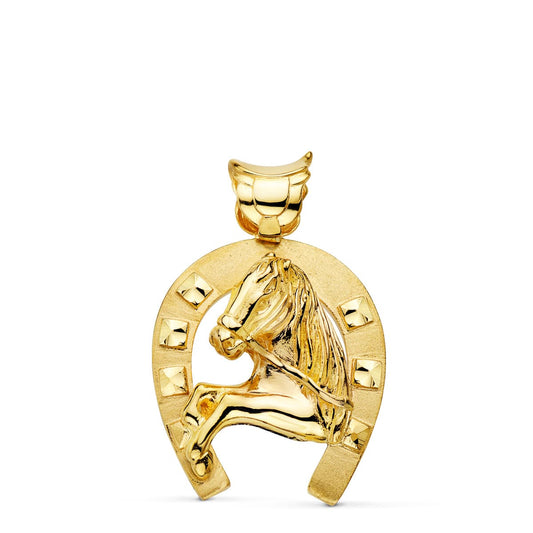 Colgante oro amarillo herradura con caballo 18k 40×34 mm