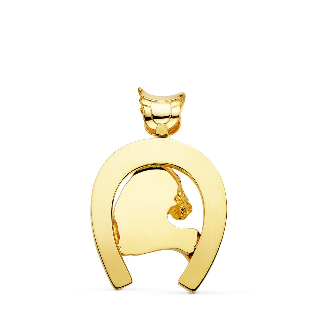 Colgante oro amarillo herradura con caballo 18k 40×34 mm