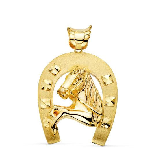 Colgante oro amarillo herradura con caballo 18k 48×40 mm