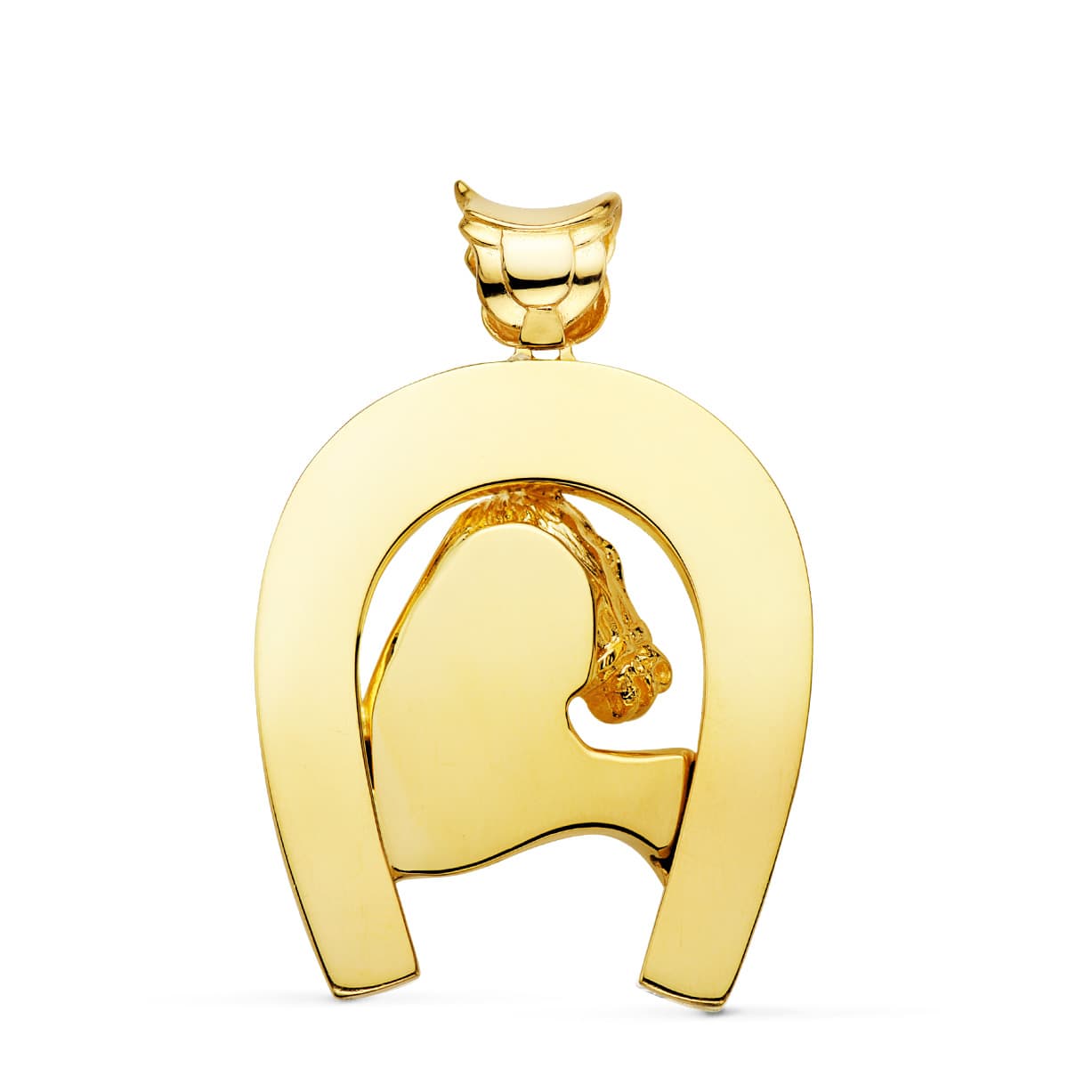 Colgante oro amarillo herradura con caballo 18k 48×40 mm