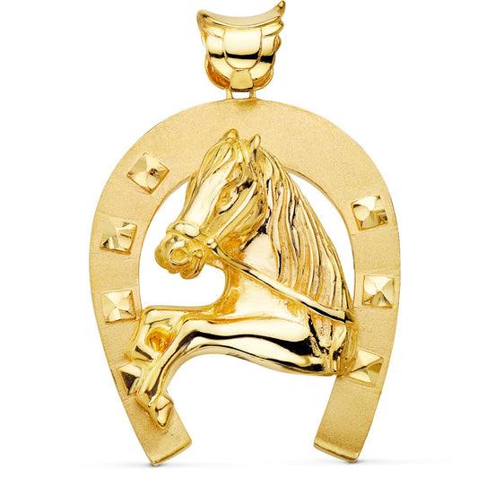 Colgante oro amarillo herradura con caballo 18k 60×50 mm
