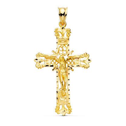 18k cruz oro amarillo filigrana con Cristo tallada 42 × 27 mm