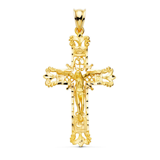 18k cruz oro amarillo filigrana con Cristo tallada 42 × 27 mm