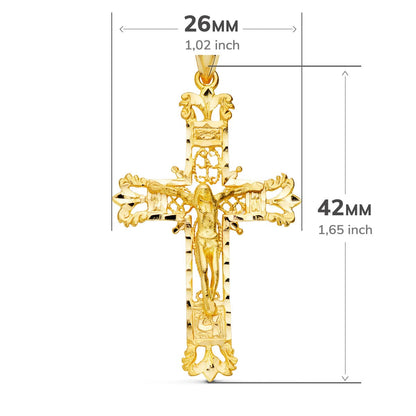 18k cruz oro amarillo filigrana con Cristo tallada 42 × 27 mm