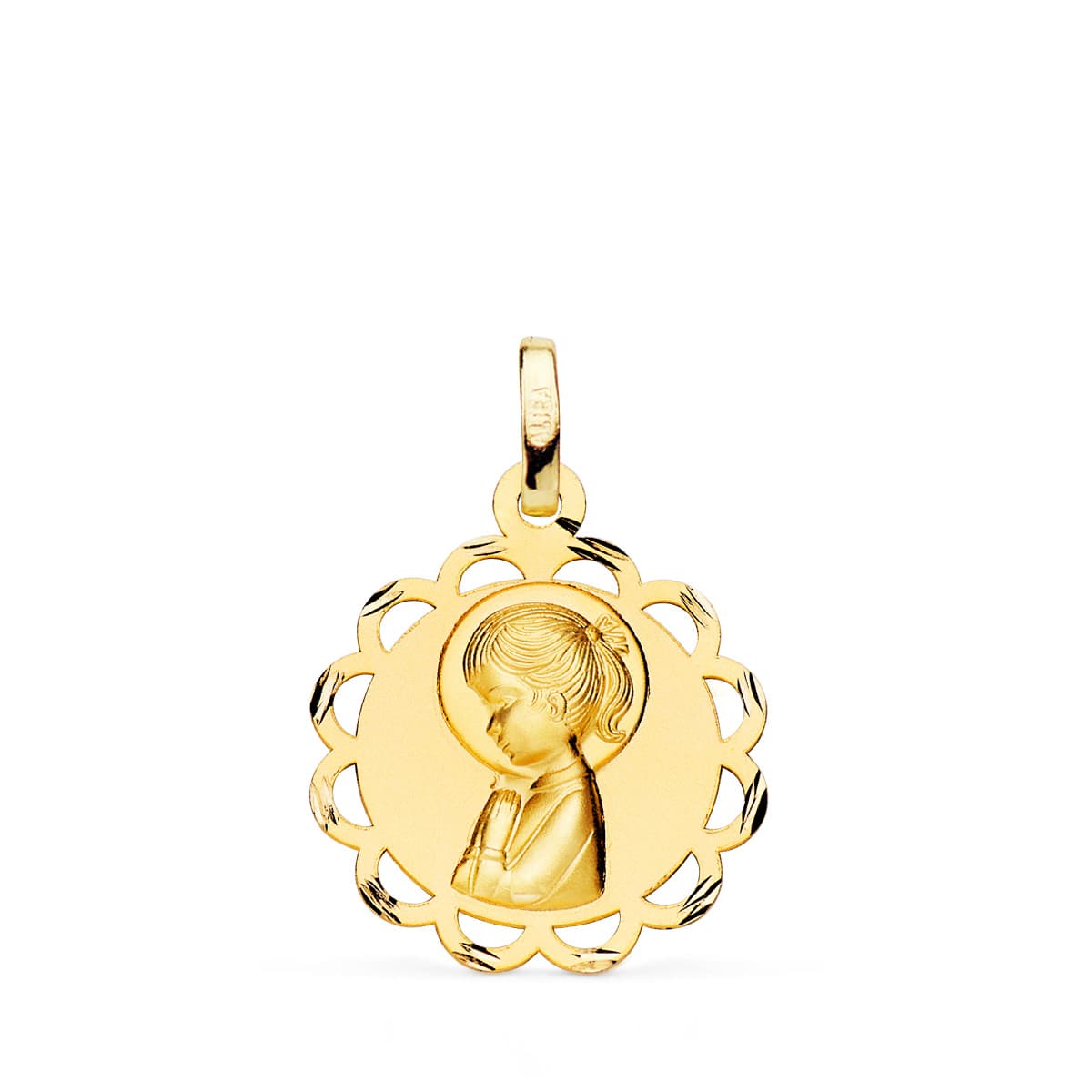 18k medalla oro amarillo virgen niña pandereta perfil matizada y calada 19 mm