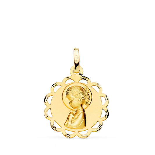 18k medalla oro amarillo virgen niña pandereta perfil matizada y calada 19 mm