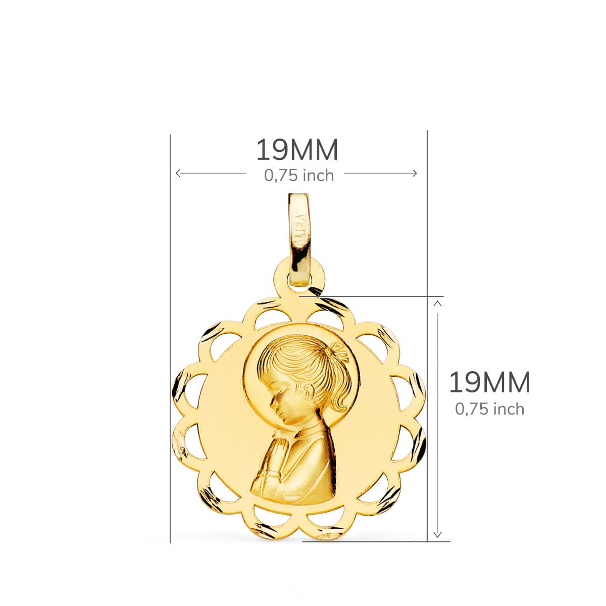 18k medalla oro amarillo virgen niña pandereta perfil matizada y calada 19 mm