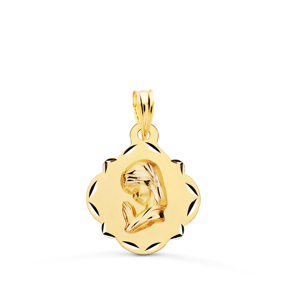 18k medalla oro amarillo virgen niña perfil pandereta tallada 19×16 mm