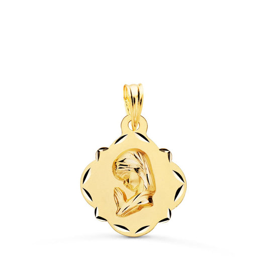 18k medalla oro amarillo virgen niña perfil pandereta tallada 19×16 mm