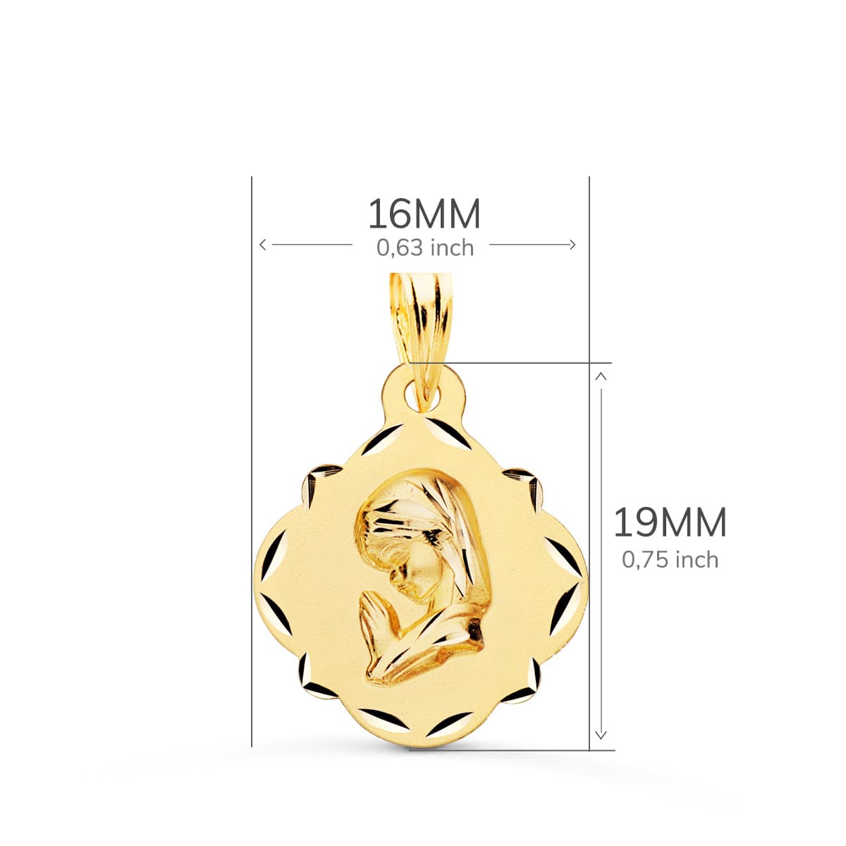 18k medalla oro amarillo virgen niña perfil pandereta tallada 19×16 mm