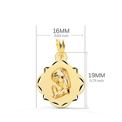 18k medalla oro amarillo virgen niña perfil pandereta tallada 19×16 mm