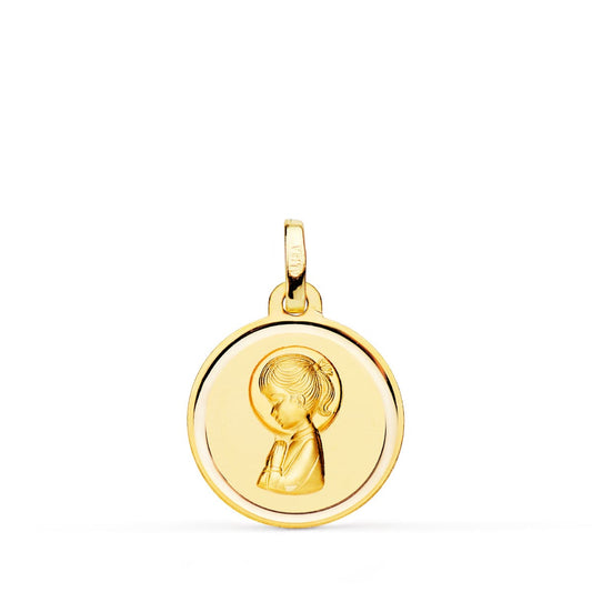 18k medalla oro amarillo virgen niña bisel 16 mm