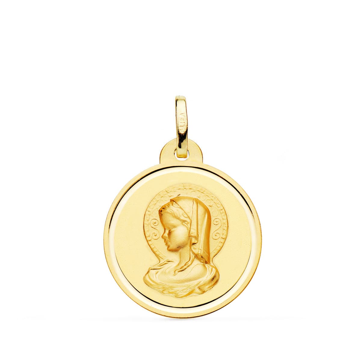 18k medalla oro amarillo virgen María bisel 20 mm