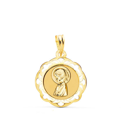 18k medalla oro amarillo virgen niña cerco calado en brillo 20 × 18 mm