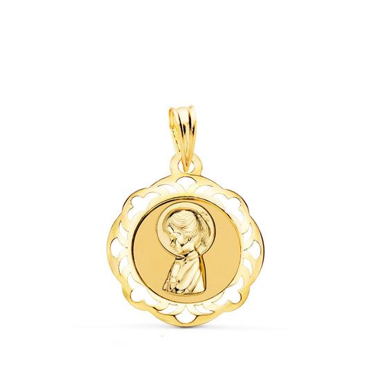 18k medalla oro amarillo virgen niña cerco calado en brillo 20 × 18 mm
