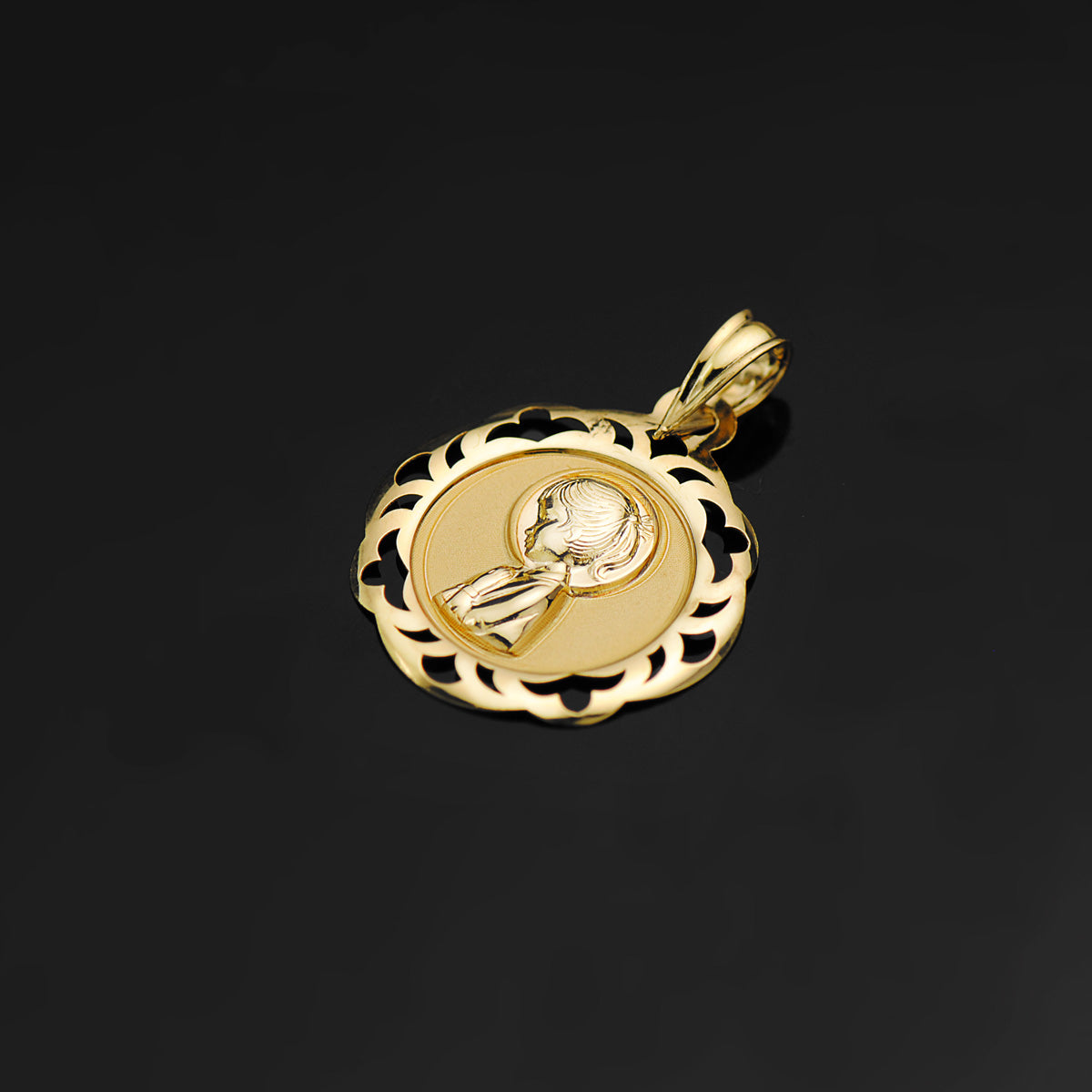 18k medalla oro amarillo virgen niña cerco calado en brillo 20 × 18 mm