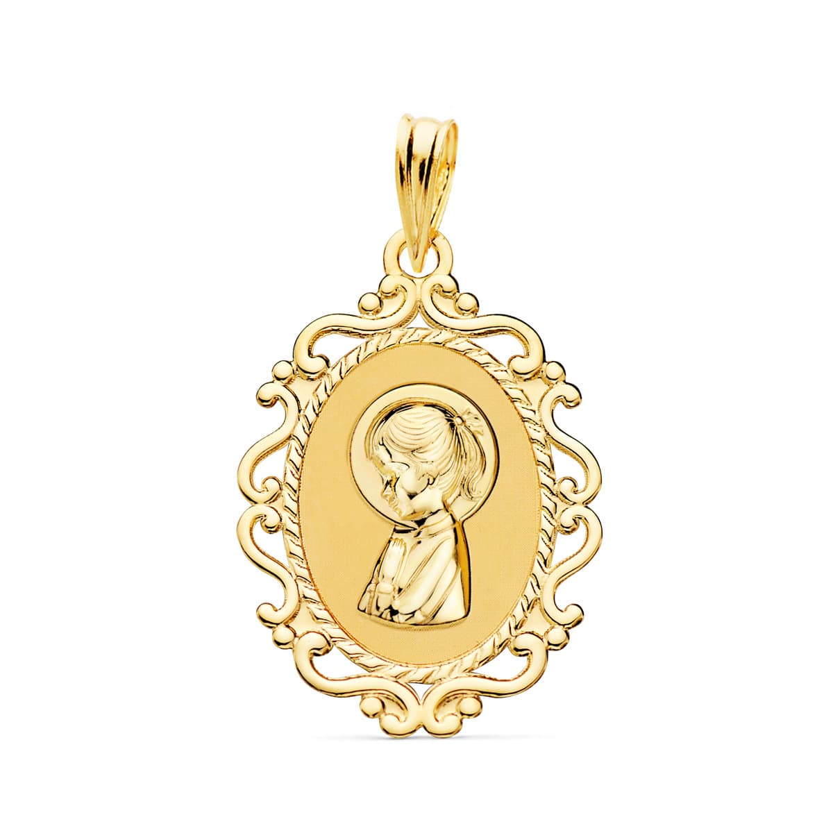18k medalla oro amarillo virgen niña perfil cerco calado brillo 23 × 16 mm