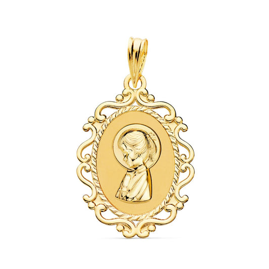 18k medalla oro amarillo virgen niña perfil cerco calado brillo 23 × 16 mm