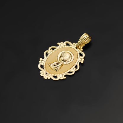 18k medalla oro amarillo virgen niña perfil cerco calado brillo 23 × 16 mm