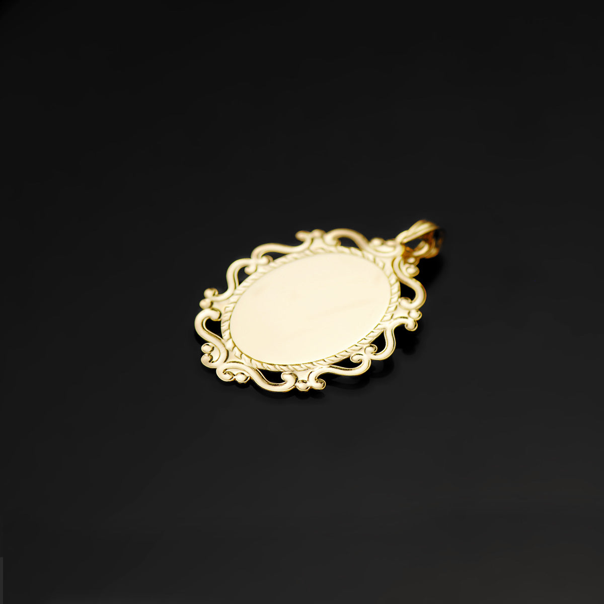 18k medalla oro amarillo virgen niña perfil cerco calado brillo 23 × 16 mm