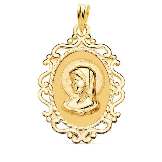 18k medalla oro amarillo virgen niña cerco calado en brillo 31 × 21 mm