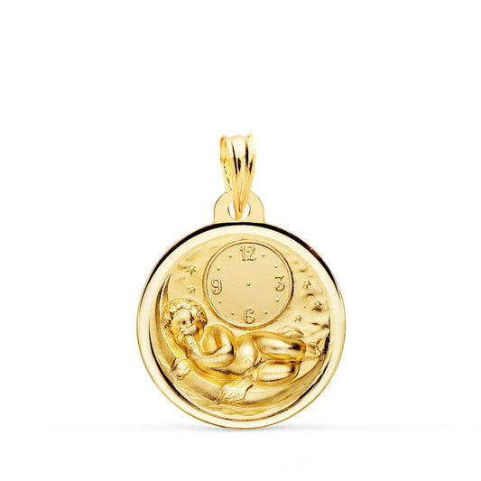 Medalla de oro amarillo 18k niño de la hora sobre luna con reloj en bisel 18 mm