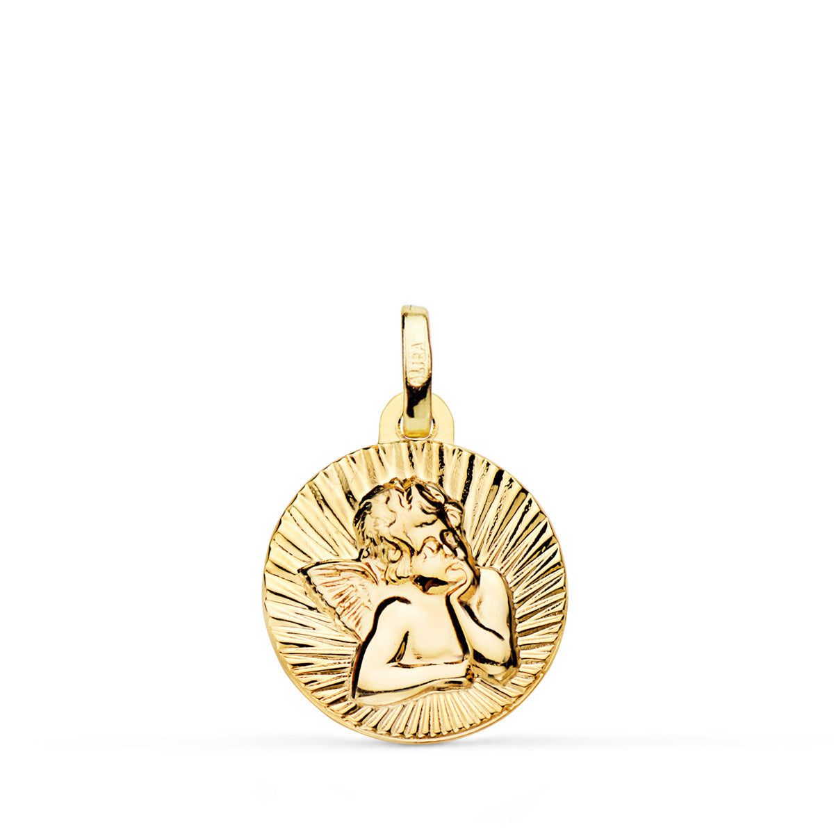 Medalla de oro amarillo 18k angelito burlón estriado en brillo 14 mm