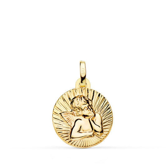 Medalla de oro amarillo 18k angelito burlón estriado en brillo 14 mm