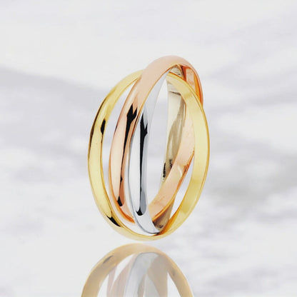 18k alianza tres aros oro tricolor media caña. ancho: 2 mm