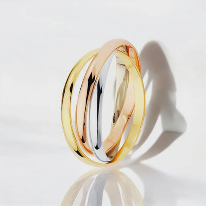 18k alianza tres aros oro tricolor media caña. ancho: 2 mm